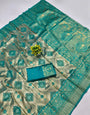 Beauteous Firozi Kanjivaram Silk Saree With Moiety Blouse Piece