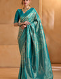 Brood Firozi Kanjivaram Silk Saree With Gossamer Blouse Piece