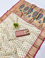 Epiphany Beige Organza Paithani Silk Saree With Symmetrical Blouse Piece