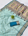 Gorgeous Sky Organza Paithani Silk Saree With Super extravagant Blouse Piece