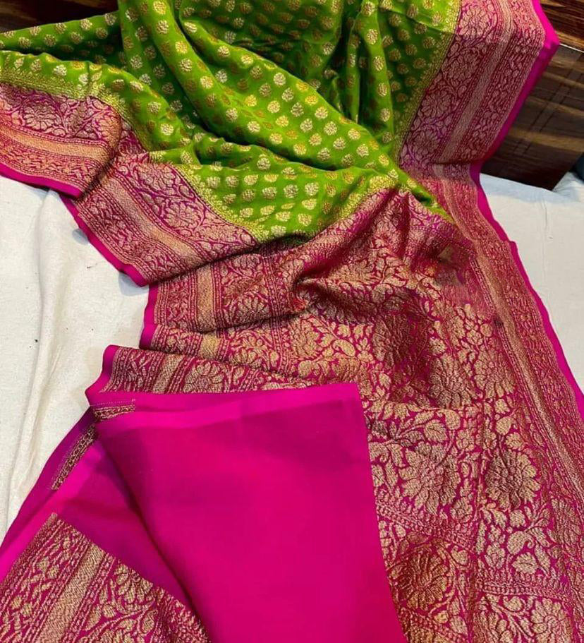 Comely Perrot Soft Banarasi Silk Saree With Desirable Blouse Piece