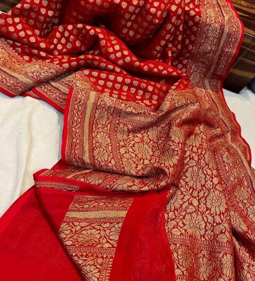 Divine Red Soft Banarasi Silk Saree With Ideal Blouse Piece