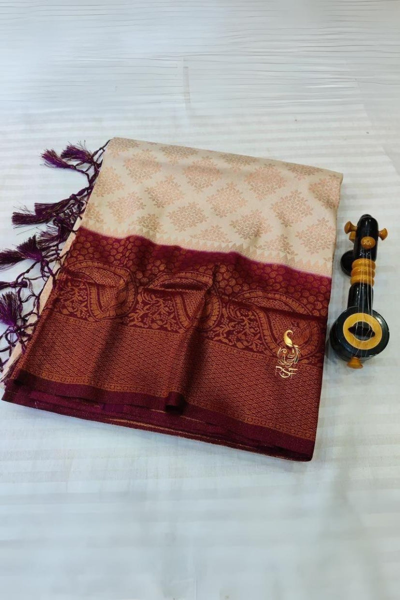 Assemblage Beige Soft Banarasi Silk Saree With Captivating Blouse Piece