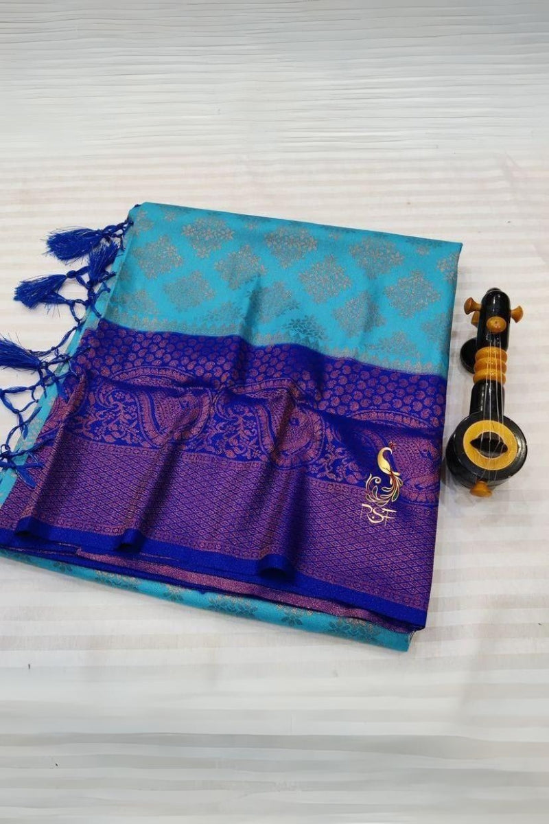 Beleaguer Firozi Soft Banarasi Silk Saree With Lovely Blouse Piece