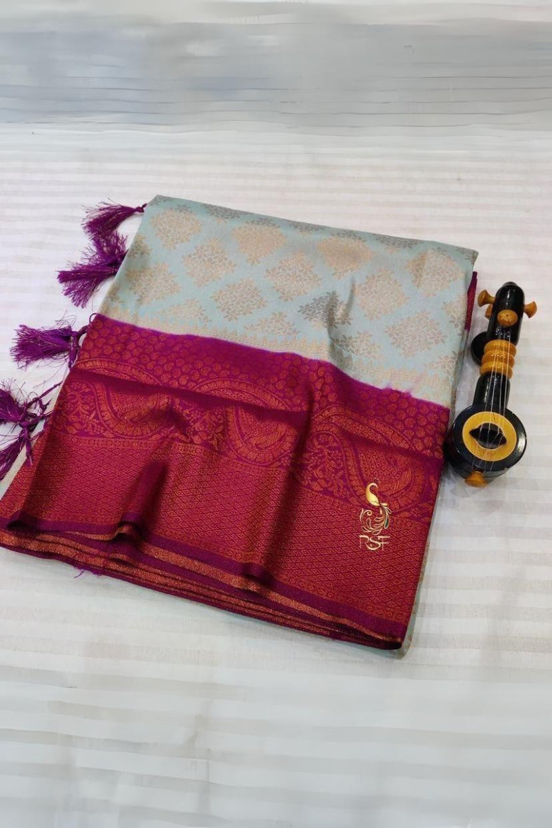 Brood Grey Soft Banarasi Silk Saree With Beautiful Blouse Piece