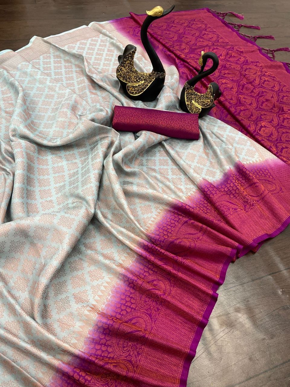 Brood Grey Soft Banarasi Silk Saree With Beautiful Blouse Piece