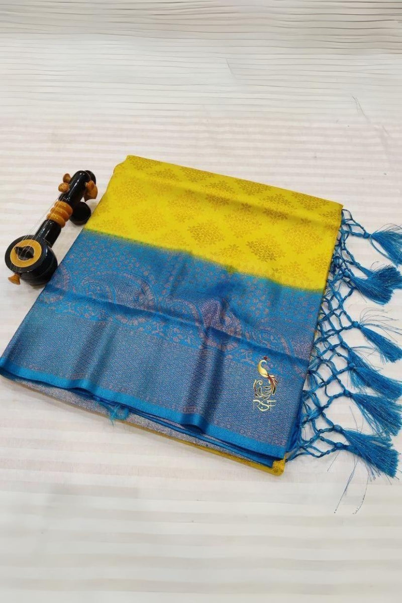 Bucolic Lemon Soft Banarasi Silk Saree With Captivating Blouse Piece