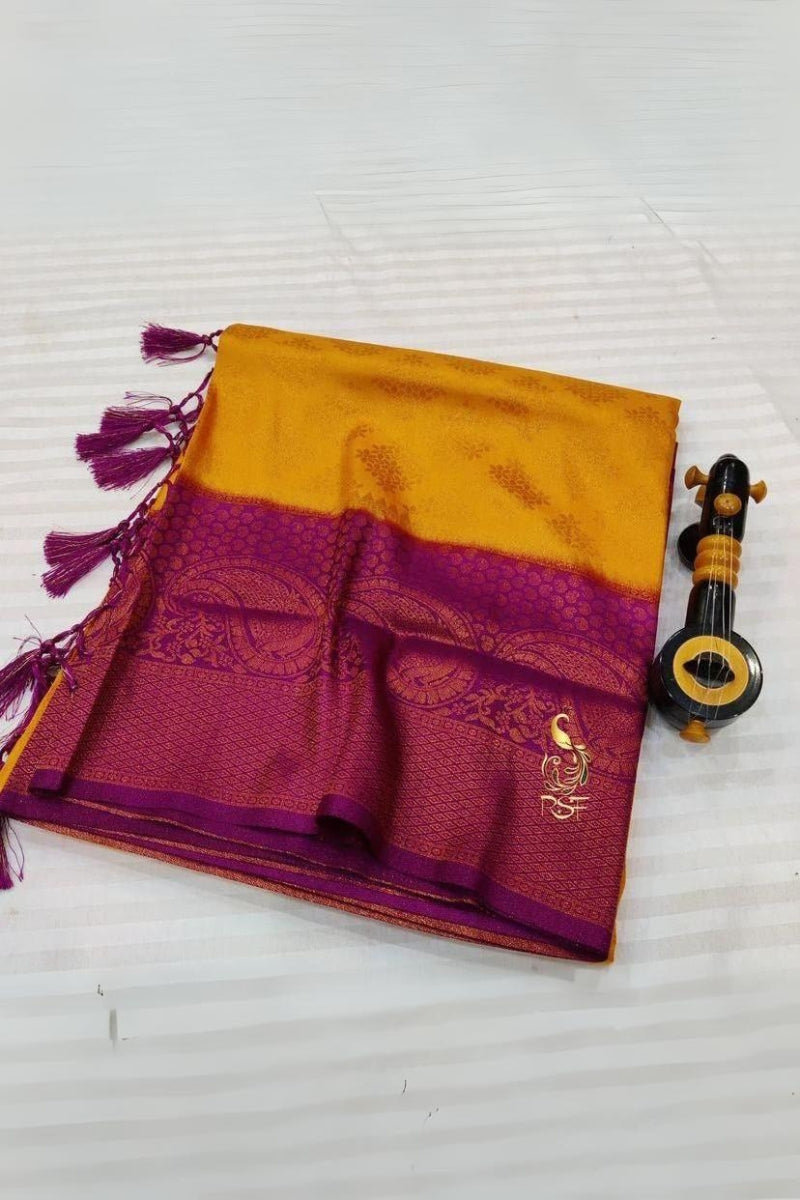 Chatoyant Mustard Soft Banarasi Silk Saree With Admirable Blouse Piece