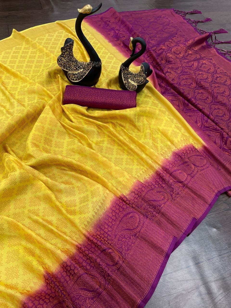 Cynosure Yellow Soft Banarasi Silk Saree With Moiety Blouse Piece