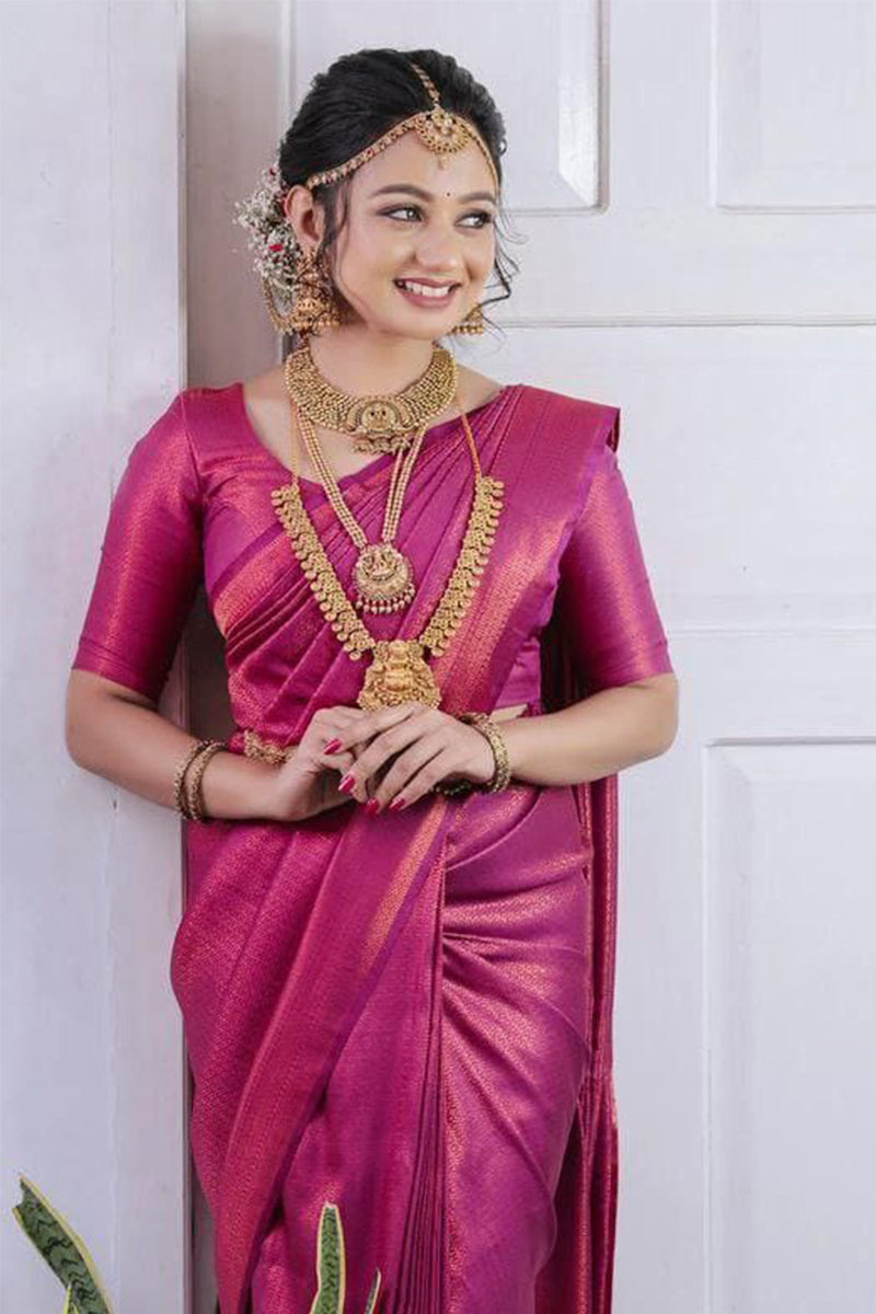 Embrocation Purple Kanjivaram Silk Saree With Amiable Blouse Piece