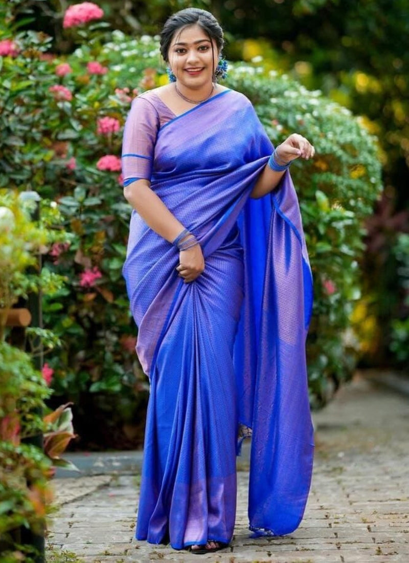 Eloquence Royal Blue Kanjivaram Silk Saree With Eloquence Blouse Piece