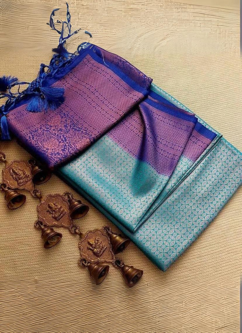 Epiphany Firozi Kanjivaram Silk Saree With Elegant Blouse Piece