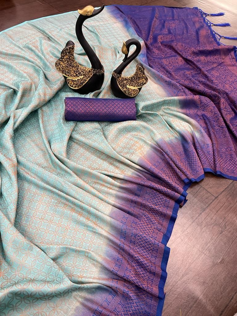 Epiphany Firozi Kanjivaram Silk Saree With Elegant Blouse Piece