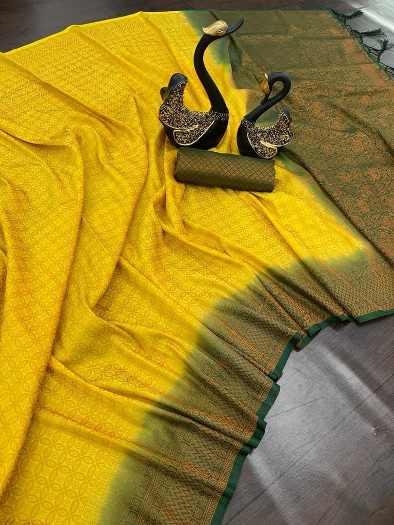 Imbrication Yellow Kanjivaram Silk Saree With Elision Blouse Piece