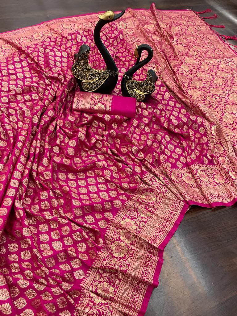 Propinquity Dark Pink Soft Banarasi Silk Saree With Demanding Blouse Piece