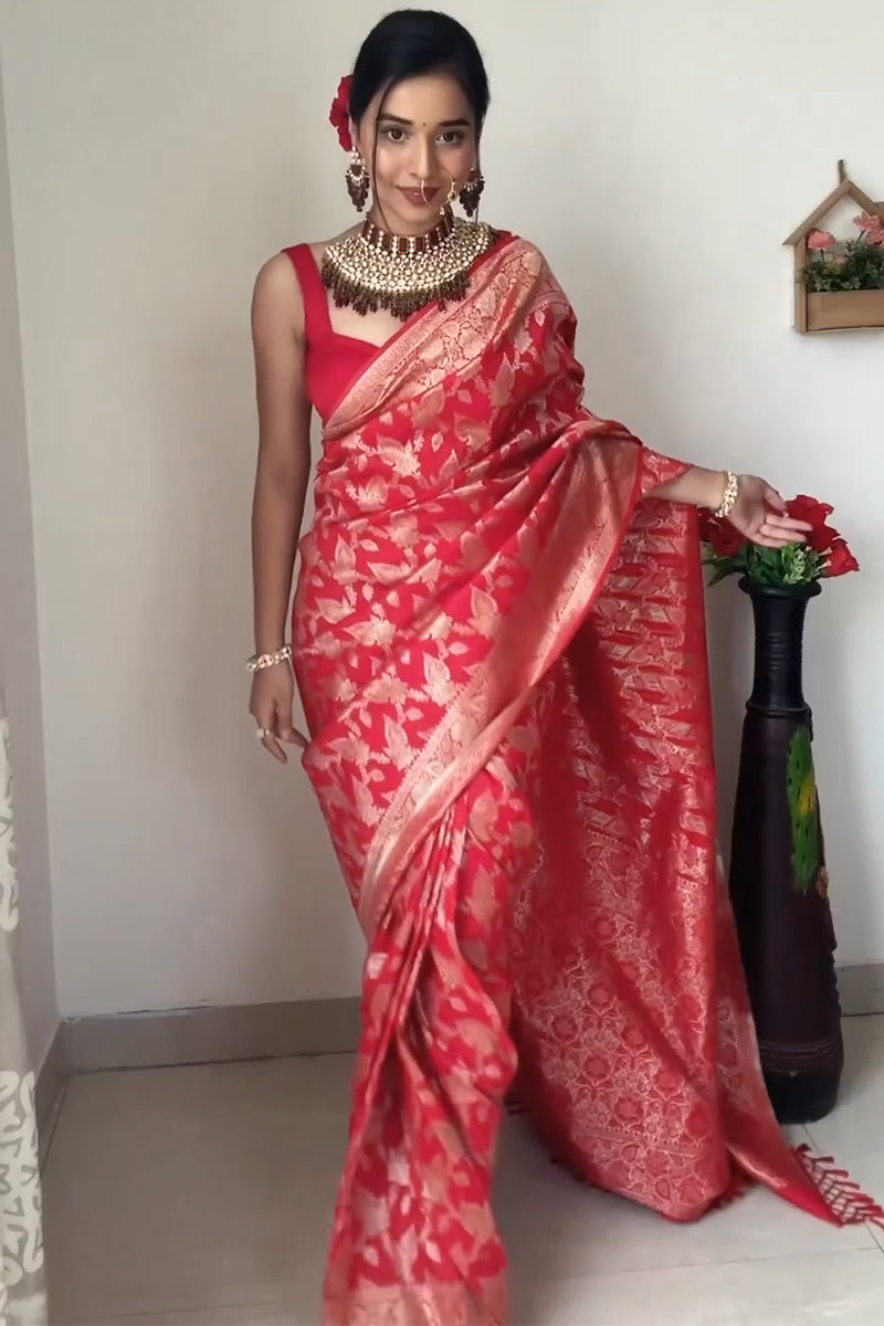 Extraordinary 1-Minute Ready To Wear Red Soft Silk Saree