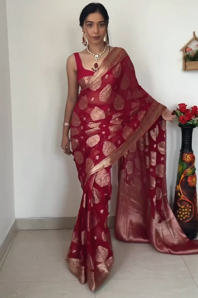 Lovely 1-Minute Ready To Wear Red Cotton Silk Saree