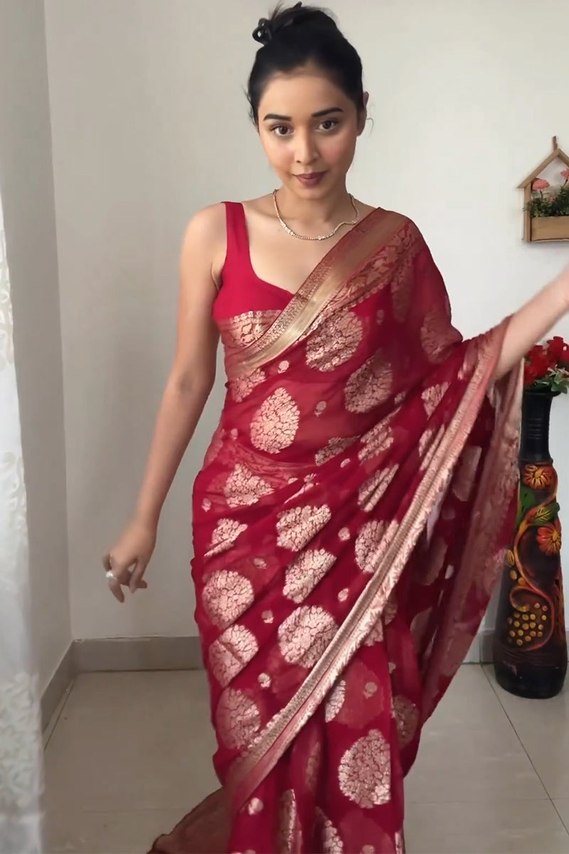 Lovely 1-Minute Ready To Wear Red Cotton Silk Saree