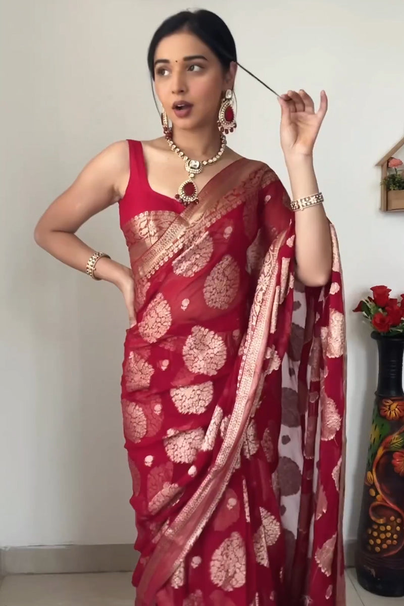 Lovely 1-Minute Ready To Wear Red Cotton Silk Saree