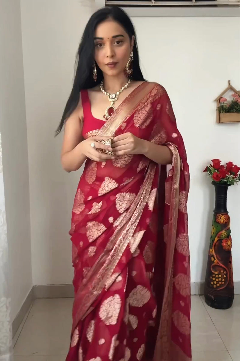 Lovely 1-Minute Ready To Wear Red Cotton Silk Saree