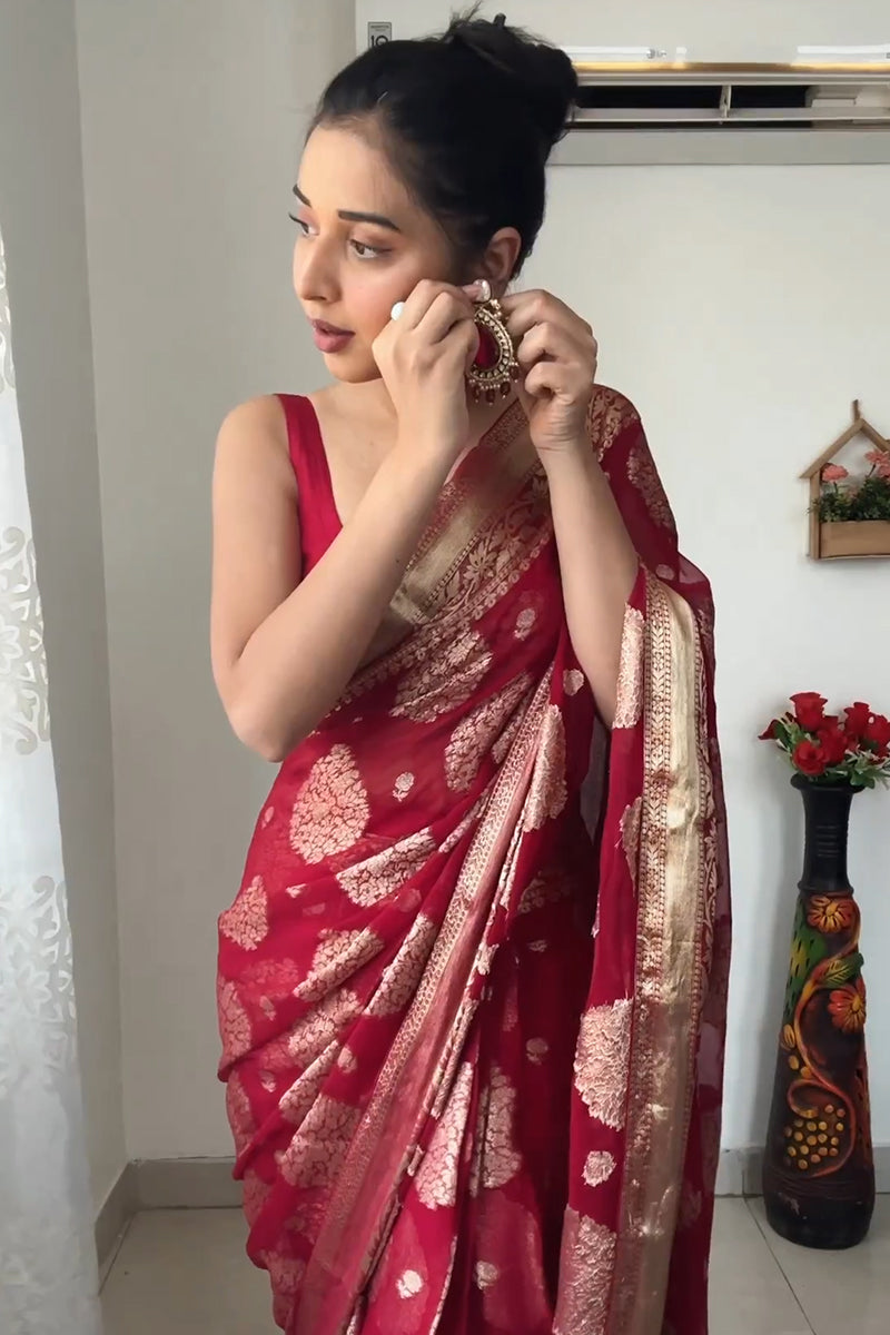 Lovely 1-Minute Ready To Wear Red Cotton Silk Saree