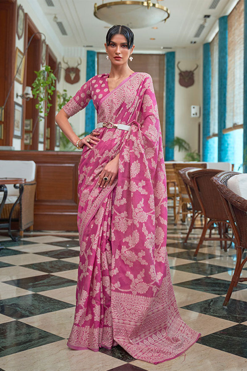 Flamingo Pink Lucknowi Chickankari Silk Saree