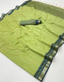 Enigmatic Pista Cotton Silk Saree With Vibrant Blouse Piece