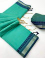 Exemplary Turquoise Cotton Silk Saree With Surpassing Blouse Piece