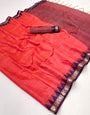 Engrossing Red Cotton Silk Saree With Scintilla Blouse Piece