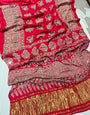 Beautiful Red Pure Viscose Lagdi Patta Mirror Work Ajrakh Printed  Saree