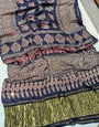 Radiant Navy Blue Pure Viscose Lagdi Patta Mirror Work Ajrakh Printed  Saree