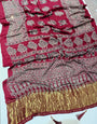 Jubilant Wine Pure Viscose Lagdi Patta Mirror Work Ajrakh Printed  Saree