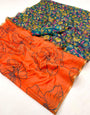 Demesne Orange Printed Cotton Silk Saree With Extraordinary Blouse Piece