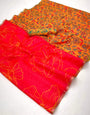 Demure Red Printed Cotton Silk Saree With Ornate Blouse Piece
