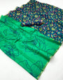 Quintessential Sea Green Printed Cotton Silk Saree With Alluring Blouse Piece