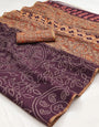 Outstanding Wine Printed Cotton Silk Saree With Skinny Blouse Piece