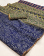 Smashing Navy Blue Printed Cotton Silk Saree With Desiring Blouse Piece