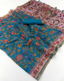 Glowing Firozi Printed Cotton Silk Saree With Charismatic Blouse Piece