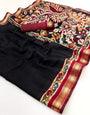 Ornate Black Printed Mul Cotton Saree With Denouement Blouse Piece