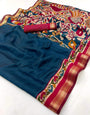 Traditional Navy Blue Printed Mul Cotton Saree With Delightful Blouse Piece