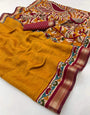 Bewitching Mustard Printed Mul Cotton Saree With Inimitable Blouse Piece