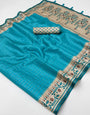Beleaguer Firozi Printed Tussar Silk Saree With Ailurophile Blouse Piece