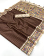 Gleaming Brown Printed Tussar Silk Saree With Chatoyant Blouse Piece