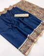 Rhapsodic Blue Printed Tussar Silk Saree With Evocative Blouse Piece