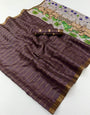 Confounding Wine Printed Tussar Silk Saree With Unequalled Blouse Piece