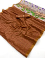 Nectarous Brown Printed Tussar Silk Saree With Devastating Blouse Piece