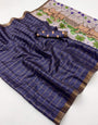 Gratifying Navy Blue Printed Tussar Silk Saree With Glittering Blouse Piece