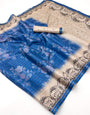 Breathtaking Blue Printed Tussar Silk Saree With Tremendous Blouse Piece
