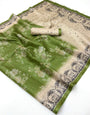 Diaphanous Green Printed Tussar Silk Saree With Stunner Blouse Piece