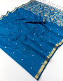 Majesty Blue Pure Munga Cotton Saree With Skinny Blouse Piece